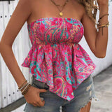 VCAY Top corto rosa estampado de estilo hawaiano sin mangas y sin tirantes, tipo ajustado, con panuelo en el dobladillo para mujeres, camisa casual linda y pequena para el verano