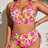 Swim Vcay Traje de bano de bikini estampado floral de estilo halter para mujeres de talla grande para vacaciones