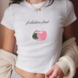 Qutie Camiseta veraniega de corte ajustado y corta con estampado de manzanas y letras del alfabeto