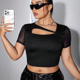 ICON Y2k Women's Plus Size Sexy Sparkly Decorative Round Neck Short Sleeve T-Shirt Black Tops Going Out Tops Suitable For Summer