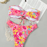 Conjunto de bikini sin tirantes con estampado floral de playa de verano con corbata y traje de bano separado