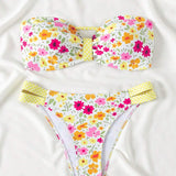 Swim Mod Conjunto de bikini bandeau estampado floral para mujeres con parte inferior separada para vacaciones