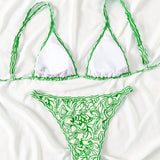 Swim Mod Conjunto de bikini verde para mujer con estampado sencillo de plantas para la playa en verano