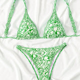 Swim Mod Conjunto de bikini verde para mujer con estampado sencillo de plantas para la playa en verano