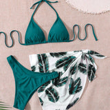 Swim Vcay Conjunto de tres piezas de traje de bano que incluye bikini de un solo color, cubierta con estampado aleatorio de planta y vestido de verano para playa