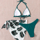 Swim Vcay Conjunto de tres piezas de traje de bano que incluye bikini de un solo color, cubierta con estampado aleatorio de planta y vestido de verano para playa