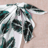 Swim Vcay Conjunto de tres piezas de traje de bano que incluye bikini de un solo color, cubierta con estampado aleatorio de planta y vestido de verano para playa