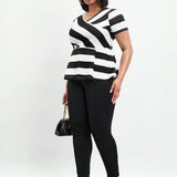 NEW  BIZwear Plus Size Women's Summer Striped & Floral V-Neck Short Sleeve Casual T-Shirt