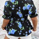 Frenchy Camisa de a grande para verano con cuello en forma de corazon y estampado floral con pliegues en la parte delantera