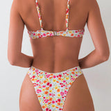 Swim Mod Conjunto bikini de tirantes espagueti con estampado floral aleatorio para mujeres, ideal para vacaciones en la playa durante el verano