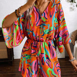 VCAY Women\ Spring Summer V-Neck Floral Batwing Sleeve Printed Jumpsuit