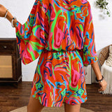 VCAY Women\ Spring Summer V-Neck Floral Batwing Sleeve Printed Jumpsuit