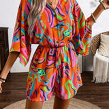 VCAY Women\ Spring Summer V-Neck Floral Batwing Sleeve Printed Jumpsuit