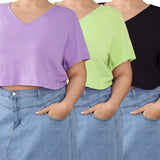 Essnce 3pcs/Pack Plus Size Solid Color Loose Fit Crop Short Sleeve T-Shirt