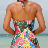 Swim Vcay Monokini ajustado con diseno tropical de playa de verano con cuello halter