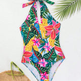 Swim Vcay Monokini ajustado con diseno tropical de playa de verano con cuello halter