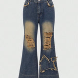 ROMWE Grunge Punk Jeans acampanados vintage para mujeres con efecto gastado y dobladillo deshilachado