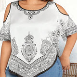 CURVE+ Blusa Asimetrica De Hombros Descubiertos Con Estampado Y Cuello Para Mujeres De a Grande