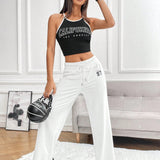 EZwear Pantalones Impresos Tricotados Blancos Para Mujer