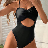 Swim Traje De Bano Monocromatico Ahuecado Para Mujer Con Borde De Concha Y Cuello Halter