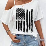 Camiseta de verano para mujer en version ampliada con patron simple y cuello asimetrico de manga corta con estampado de bandera estadounidense para el Dia de la Independencia