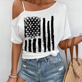 Camiseta de verano para mujer en version ampliada con patron simple y cuello asimetrico de manga corta con estampado de bandera estadounidense para el Dia de la Independencia