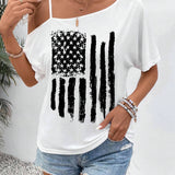 Camiseta de verano para mujer en version ampliada con patron simple y cuello asimetrico de manga corta con estampado de bandera estadounidense para el Dia de la Independencia