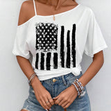 Camiseta de verano para mujer en version ampliada con patron simple y cuello asimetrico de manga corta con estampado de bandera estadounidense para el Dia de la Independencia