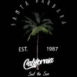 Camiseta de manga corta suelta casual de a grande con estampado de arbol de coco y letras, SANTA BARBARA EST 1987 California Surf The Sun