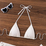 Conjunto de bikini de 3 piezas para mujeres con sujetador y traje de bano de cuello halter y falda con cordon en un solo color