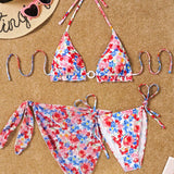 NEW Conjunto de bikini estampado floral de anillo redondo con cuello halter conectado para mujer, para vacaciones en la playa, con camisa y falda a juego para cubrir el traje de bano