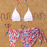 Swim Conjunto de bikini estampado floral de anillo redondo con cuello halter conectado para mujer, para vacaciones en la playa, con camisa y falda a juego para cubrir el traje de bano