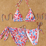 Swim Conjunto de bikini estampado floral de anillo redondo con cuello halter conectado para mujer, para vacaciones en la playa, con camisa y falda a juego para cubrir el traje de bano