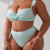 Swim Vcay Conjunto de bikini de talla grande para mujeres con mangas de volantes y detalle de torsion frontal, ideal para vacaciones en la playa