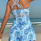 Swim Lushore Conjunto de tankini de verano para mujeres con estampado de lunares y planta tropical, espalda entrecruzada