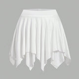Coolane Plus Size Casual Irregular White Tennis Skirt With Low Waist And Pleats, Korean Style