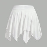 Coolane Plus Size Casual Irregular White Tennis Skirt With Low Waist And Pleats, Korean Style