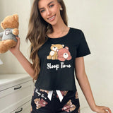 Conjunto De Ropa Para Dormir De 2 Piezas Con Patron De Oso De Peluche Durmiendo, CamiConjuntoa De Manga Corta Y Pantalones Cortos