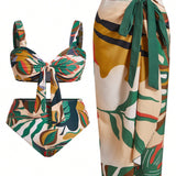 Swim Oasis Conjunto de bikini de talla grande para playa de verano con estampado de plantas, con sujetador de lazo y Bottom de bikini y falda cubierta