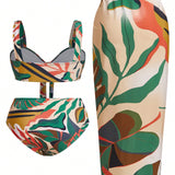 Swim Oasis Conjunto de bikini de talla grande para playa de verano con estampado de plantas, con sujetador de lazo y Bottom de bikini y falda cubierta