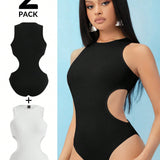 SXY Mujeres body de verano casual unicolor con cuello redondo, ahuecado en la cintura