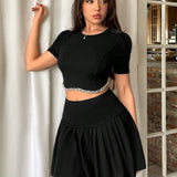 Prive Conjunto de top de manga corta y manga abullonada de cuello redondo decorado con diamantes de imitacion y falda midi plisada para mujer en verano