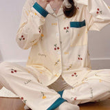 Conjunto de pijama para mujeres lindo y fresco, conjunto informal para el hogar con estampado de frutas y cuello para mujer