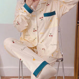 Conjunto de pijama para mujeres lindo y fresco, conjunto informal para el hogar con estampado de frutas y cuello para mujer