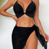 Swim Conjunto de bikini para mujeres con cuello halter y adorno circular en unicolor, con partes de abajo separadas, combinado con una tunica y una falda.