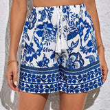 Tall Pantalones cortos de verano para mujer con estampado floral, cinturon con borla y lazo para playa