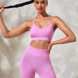 Sport Lifespree Conjunto Deportivo de Mujer con Color Solido sin Costuras, Tiras Delgadas y Espalda Cruzada