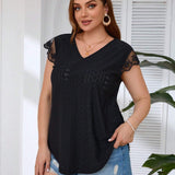 Clasi Plus Size Solid Color V-Neck Lace Patchwork Hollow Out Embroidery T-Shirt