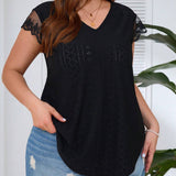 Clasi Plus Size Solid Color V-Neck Lace Patchwork Hollow Out Embroidery T-Shirt