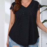 Clasi Plus Size Solid Color V-Neck Lace Patchwork Hollow Out Embroidery T-Shirt